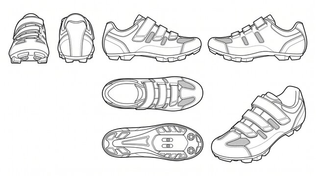 Cycling Shoes Technical Drawing Set - MTB Mountain Bike Shoe Template with Multiple Views - Vector Line Art Illustration