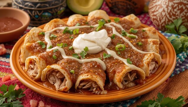Enfrijoladas are corn tortillas in bean sauce, topped with cream and cheese, and may include chicken, cheese, or other fillings. A classic Mexican dish.
