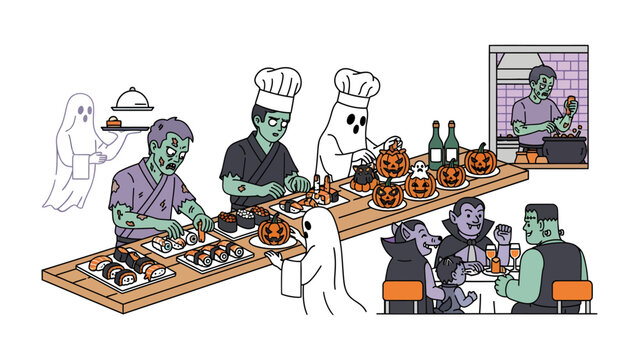 Spooky Halloween Feast: A haunted gathering of classic monsters and ghouls enjoy a monstrous buffet with sushi and pumpkin dishes, celebrating Halloween in a playful and eerie atmosphere.