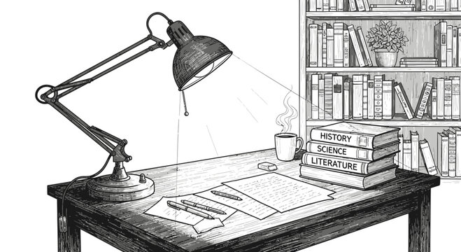 Sketch of a cozy study desk with books and lamp