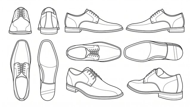 Classic Men's Formal Dress Shoes Vector Technical Drawing Set - Oxford Shoes Multi-Angle Footwear Design Template