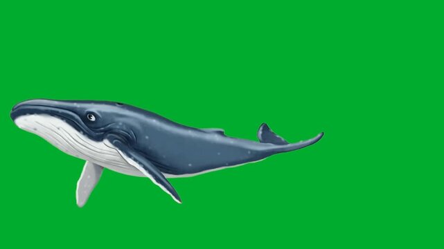 2d animation Humpback whale swimming gracefully in full body side profile view layout animation on green screen. Giant blue marine mammal wildlife ocean creature moving slowly in deep water animation