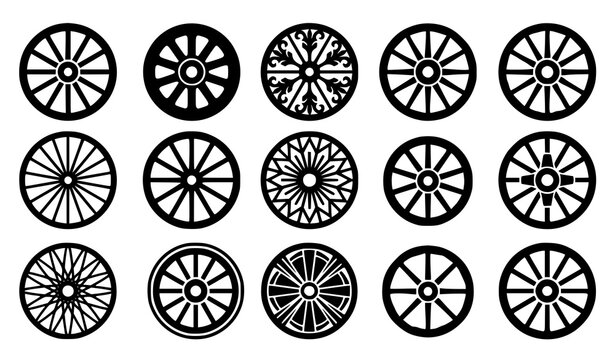 Minimal Wooden Cart And Wagon Wheel Silhouette Icons For Vintage Design