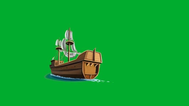 2d animation Wooden sailboat floating on water ripples view from back perspective layout animation on green screen. Classic ancient pirate ship cruise vessel vehicle with open sails on sea animation