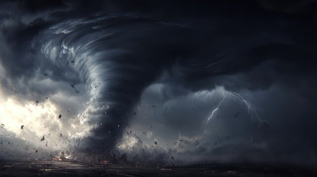 Tornado, twister, weather, natural disaster. A dramatic depiction of a tornado. The sky is dark and stormy, with swirling clouds and a bright lightning bolt striking down.