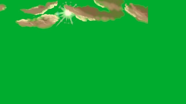 2d animation Desert sky clouds moving horizontally with a shiny bright glowing sun flare light source animation on green screen. Cosmic heaven layout abstract horizon landscape concept overlay