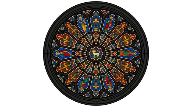 Ornate Rose Window with Lamb of God Symbol, Stained Glass Art, Gothic Architecture