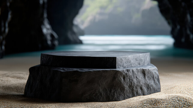 Stone pedestal black basalt round shape sandy beach cave natural light ocean outdoor textured surface tranquil display