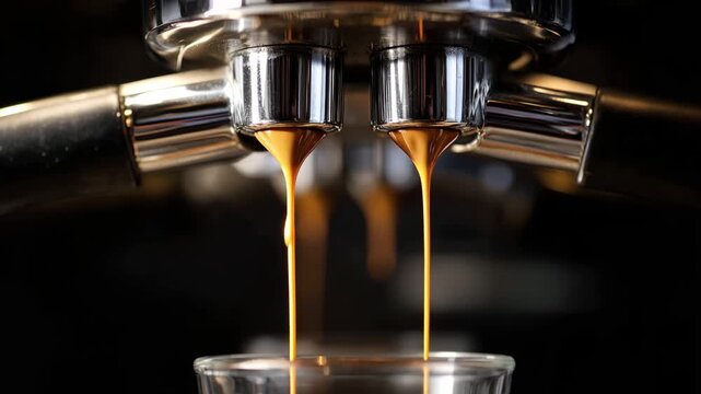 Double shot of espresso pouring from a professional coffee machine portafilter Video.