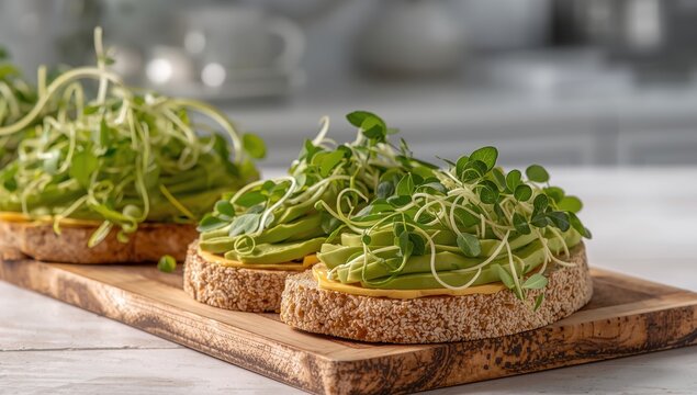 Chic sandwich idea. Whole grain toast topped with avocado and microgreens on a kitchen table, detailed view.