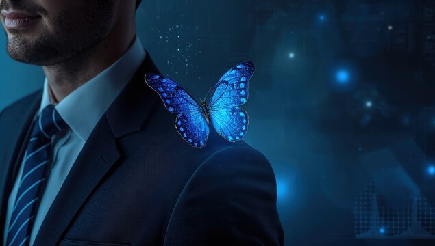 Digital butterfly on a businessman with glowing particles. Global economy and digital transformation theme. Connectivity and virtual reality. Room for text.