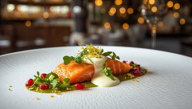 An exquisite salmon dish adorned with cream and colorful toppings, beautifully arranged on a textured white plate. A blurred kitchen backdrop enhances the culinary ambiance.