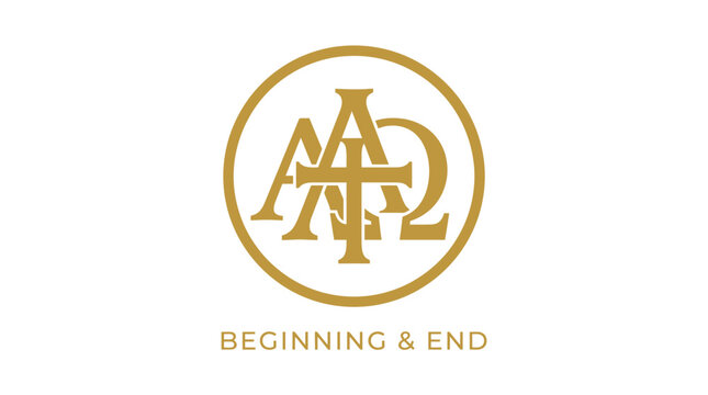 Alpha Omega Symbol with Text Beginning End, Religious Concept, Gold Circle Logo