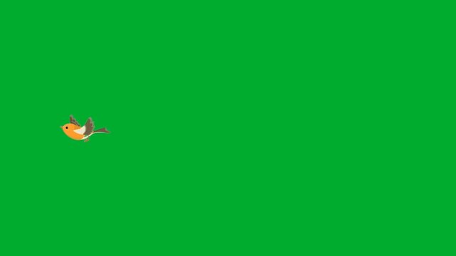 2d animation Bird flying profile side view flapping small wings gracefully animation on green screen. Cute brown sparrow robin nightingale forest songbird animal traveling across air frame space