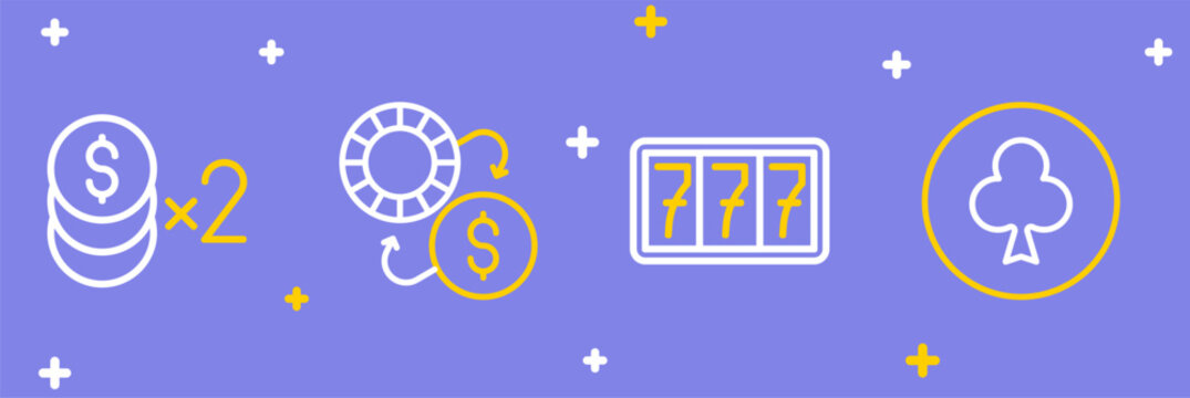 Set line Playing card with clubs symbol, Slot machine jackpot, Casino chips exchange and dollar icon. Vector