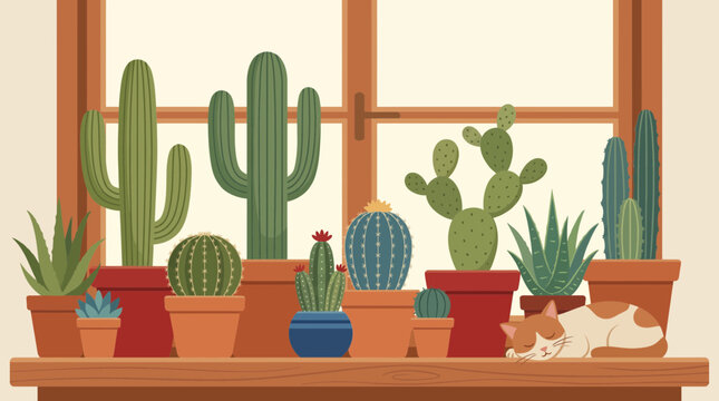 Cactus Collection in Terra Cotta Pots on Windowsill
