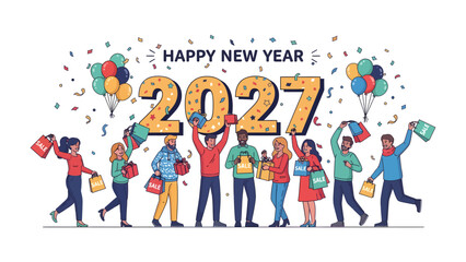 Fototapeta premium New Year's Eve Celebration 2027: A vibrant illustration depicts a diverse group of people joyfully celebrating the arrival of 2027, holding shopping bags and balloons amidst a shower of confetti.