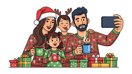 Festive Family Christmas Selfie: A happy family dressed in matching Christmas pajamas, complete with Santa hat and reindeer antlers, takes a selfie while holding steaming mugs of hot cocoa. © Mohammad