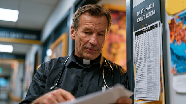 Interfaith chaplain in a hospital corridor consults a patient directory outside the door of a multi-faith quiet room, stethoscope around neck under a clergy collar, suggesting a dual professional an