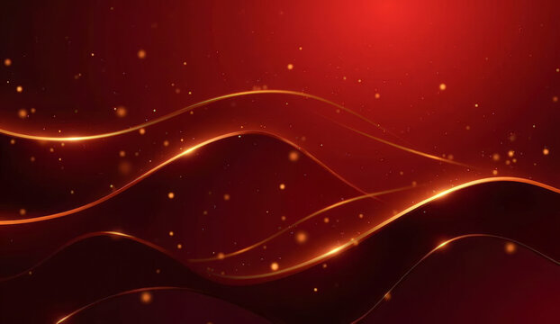 yellow glowing transparent wavy lines on a red background blurred sparkles, abstract background