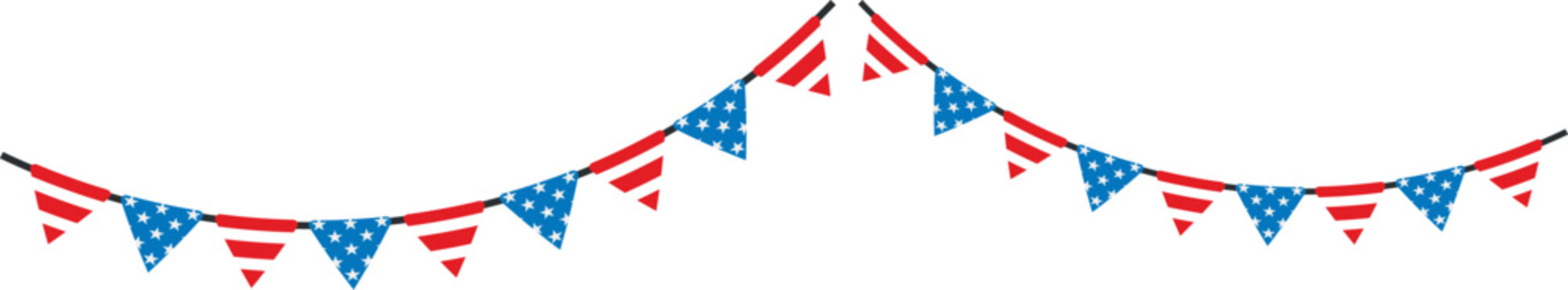 Patriotic American flag triangle bunting garlands; symmetrical USA stars and stripes pennant banner strings decoration for Independence Day party event