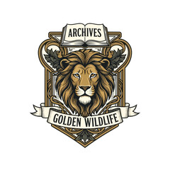 Obraz premium Regal lion head emblem for Golden Wildlife Archives with ornate frame.