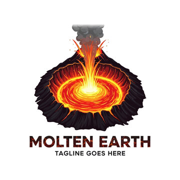 Powerful illustration of an active volcano erupting with glowing lava for Molten Earth branding.