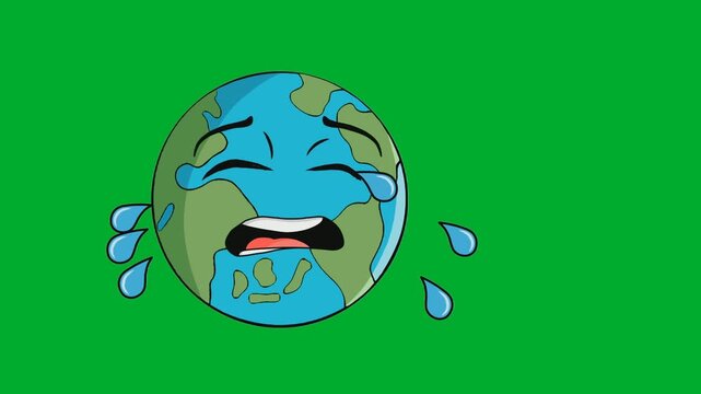 2d animation Crying Earth cartoon character weeping with big blue water drops tears animation on green screen. Sad planet globe world sphere representing global warming, pollution hazard or climate