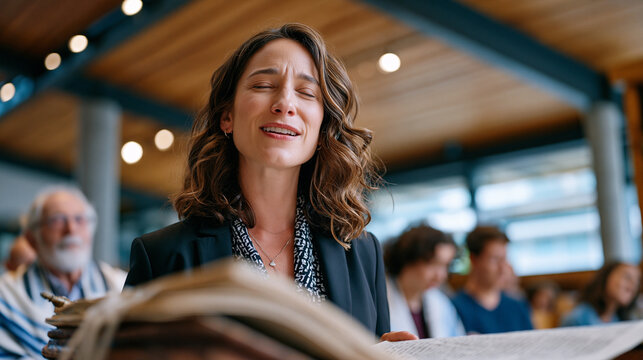 Jewish cantor chants from an open Torah scroll before an open ark in a contemporary synagogue, her voice carrying through a sanctuary where elderly men in tallitot sit alongside teenagers in casual 