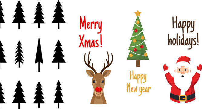 Christmas set with black pine tree silhouettes, cute reindeer, Santa Claus and decorated tree with Merry Xmas and Happy New Year text