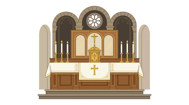 Christian Altar with Cross, Tabernacle, and Candles in Church Interior