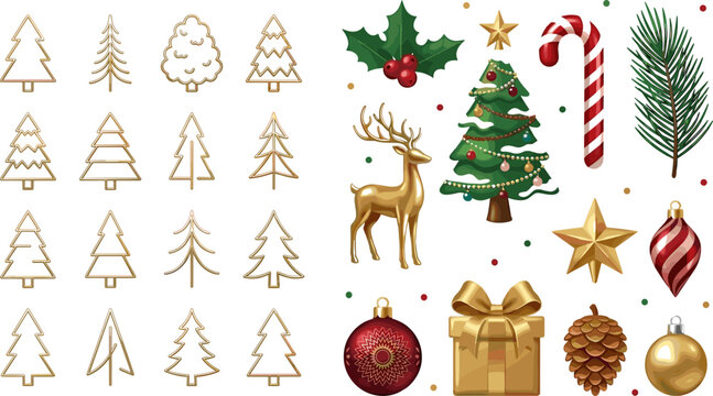 Christmas icon set with golden tree outlines, 3D reindeer, decorated pine, candy cane, gift box, bauble and pinecone holiday decorations