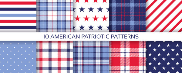 Fototapeta premium American backgrounds. 4th July seamless pattern. Patriotic textures. Set of Happy independence day prints. USA flag backdrops with stripes and stars. Blue red geometric ornament. Vector illustration.