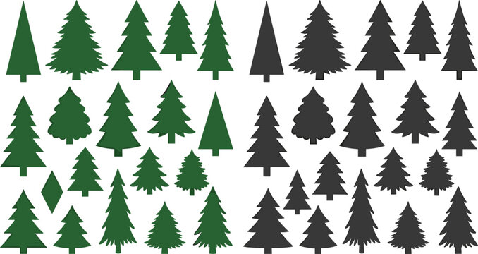 Christmas and pine tree silhouette set in green and dark color variations with different shapes and sizes for holiday and forest design