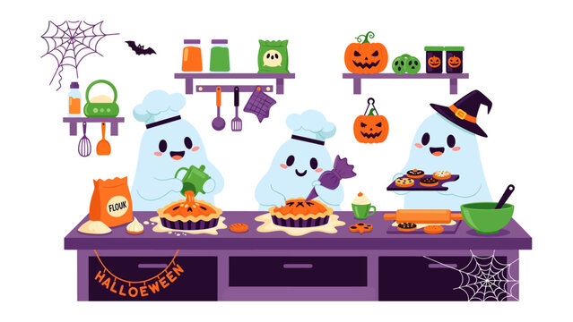 Cute Ghosts Baking for Halloween: Adorable cartoon ghosts, dressed as chefs and a witch, joyfully bake Halloween pies and cookies in a festive kitchen, decorated with pumpkins and spiderwebs.