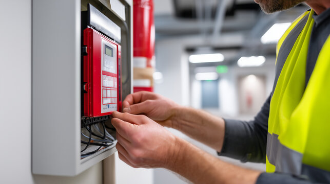 Fire safety technician inspecting and servicing an electrical fire alarm control panel, close-up of worker hands opening a wall-mounted alarm system cabinet, red fire suppression p