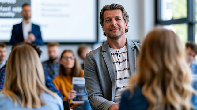 Sales team leader announcing a referral incentive program to a group of representatives gathered in a bright conference room, presentation slides visible behind him and participants reviewing printe