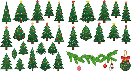 Obraz premium Christmas tree collection with decorated pine trees, garland, ornament balls and stars in cartoon flat style for holiday season design