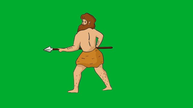 2d animation Caveman holding spear weapon running forward fast in side profile view animation on green screen. Ancient primitive stone age warrior character sprinting aggressively on journey hunting