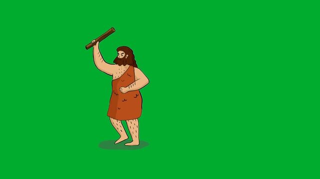 2d animation Caveman holding club wooden weapon standing aggressively in full length profile view animation on green screen. Ancient primitive stone age hunter character wearing fur clothes posing