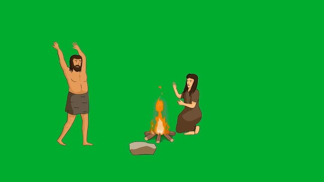 2d animation Caveman family fireplace camp sitting near burning wood bonfire animation on green screen. Ancient primitive stone age man and woman tribal cartoon characters gathering around fire
