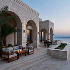 Naklejka premium Elegant travertine stone villa with arched columns, outdoor seating, palm tree, and grand piano overlooking ocean at sunset