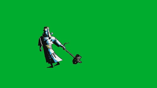 2d animation Knight training weapon skills with a heavy mace chain flail stick tool animation on green screen. Medieval warrior character practicing combat defense strategy in full length profile