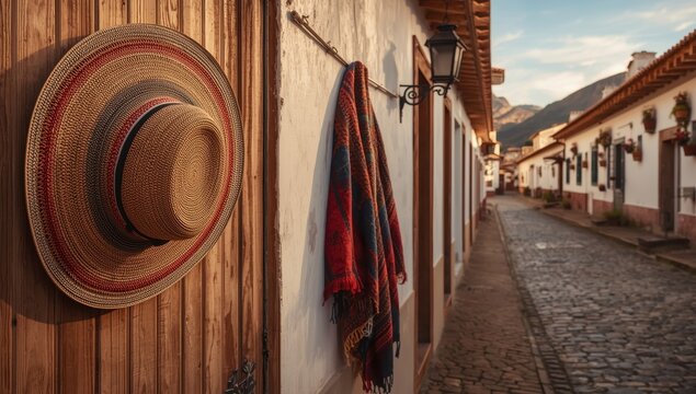 A common hat and a ruana draped on a wall in Villa de Leyva, a colonial town in central Colombia's Andes.