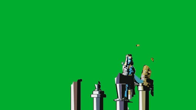 2d animation Medieval statues holding weapons standing firmly in row formation animation on green screen. Set of stone metal knights warriors armor monuments vector graphic layout for historical