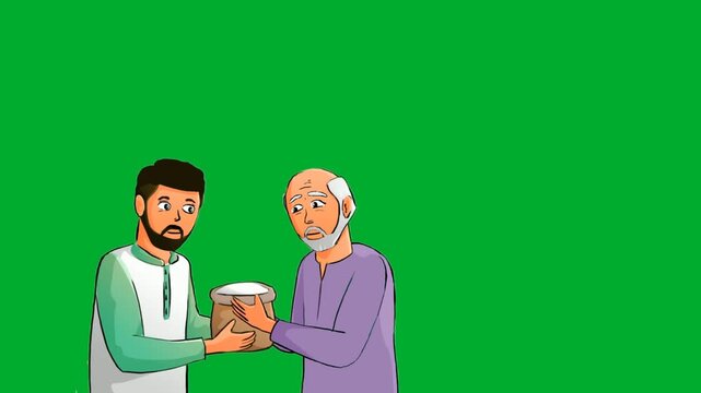 2d animation Man offering charity box container to a poor senior grandfather animation on green screen. Muslim male citizen character giving ramadan zakat, sadaqah or donation money help animation