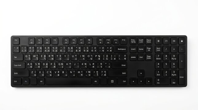 An isolated top view of a computer keyboard featuring Thai and English layouts.