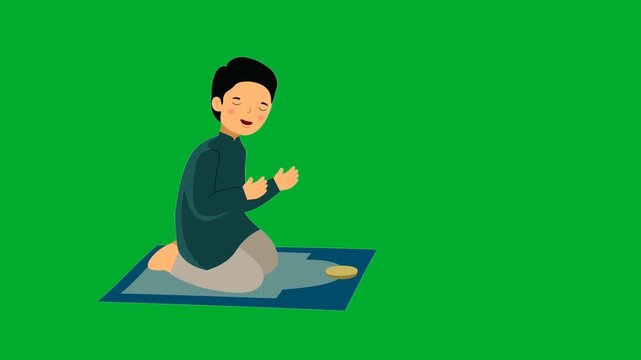 2d animation Boy making dua prayer gesture while sitting on an islamic rug mat with open hands animation on green screen. Cheerful child cartoon character worshiping god faithfully in full body setup