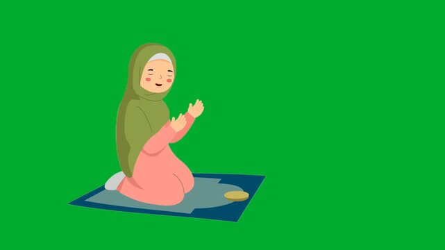 2d animation Girl praying sitting down on an islamic rug mat with open palms making a dua wish animation on green screen. Cute child cartoon character wearing green hijab headscarf worshiping god