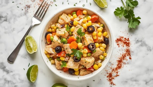 Nutritious tuna salad featuring corn, carrots, peas, and olives on a white surface. Mexican corn dish.